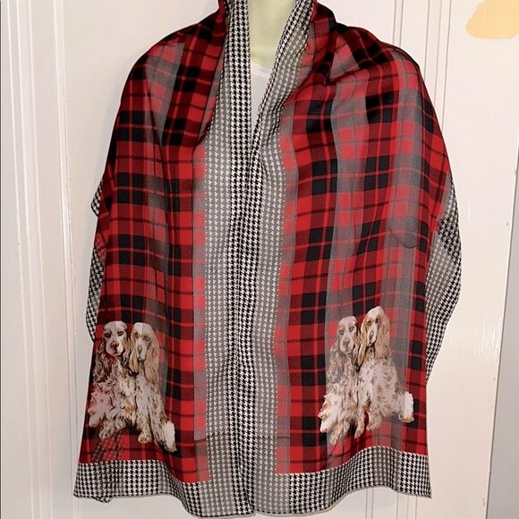 Vintage Red & Black Houndstooth & Buffalo Check Plaid Cocker Spaniel Scarf - Picture 1 of 6